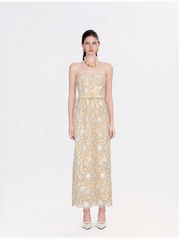 Strapless Floral Lace Belted Maxi Dress