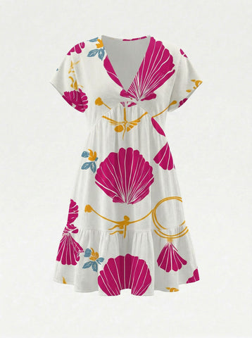 Floral Print V Neck Tiered Babydoll Mini Dress