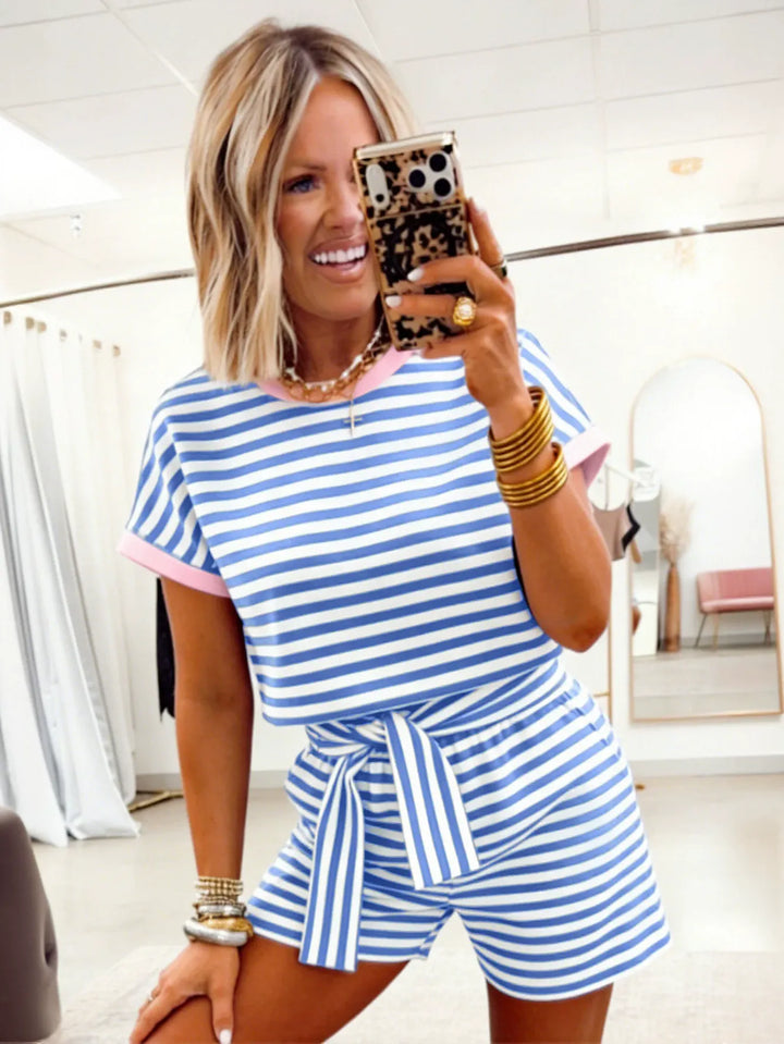 Casual Striped Tie Waist Short Set