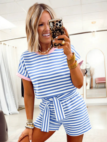 Casual Striped Tie Waist Short Set
