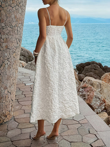 Textured White V Neck Midi Dress