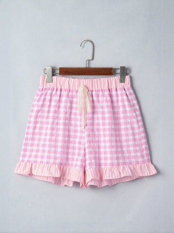 Pink Gingham Ruffle Hem Shorts