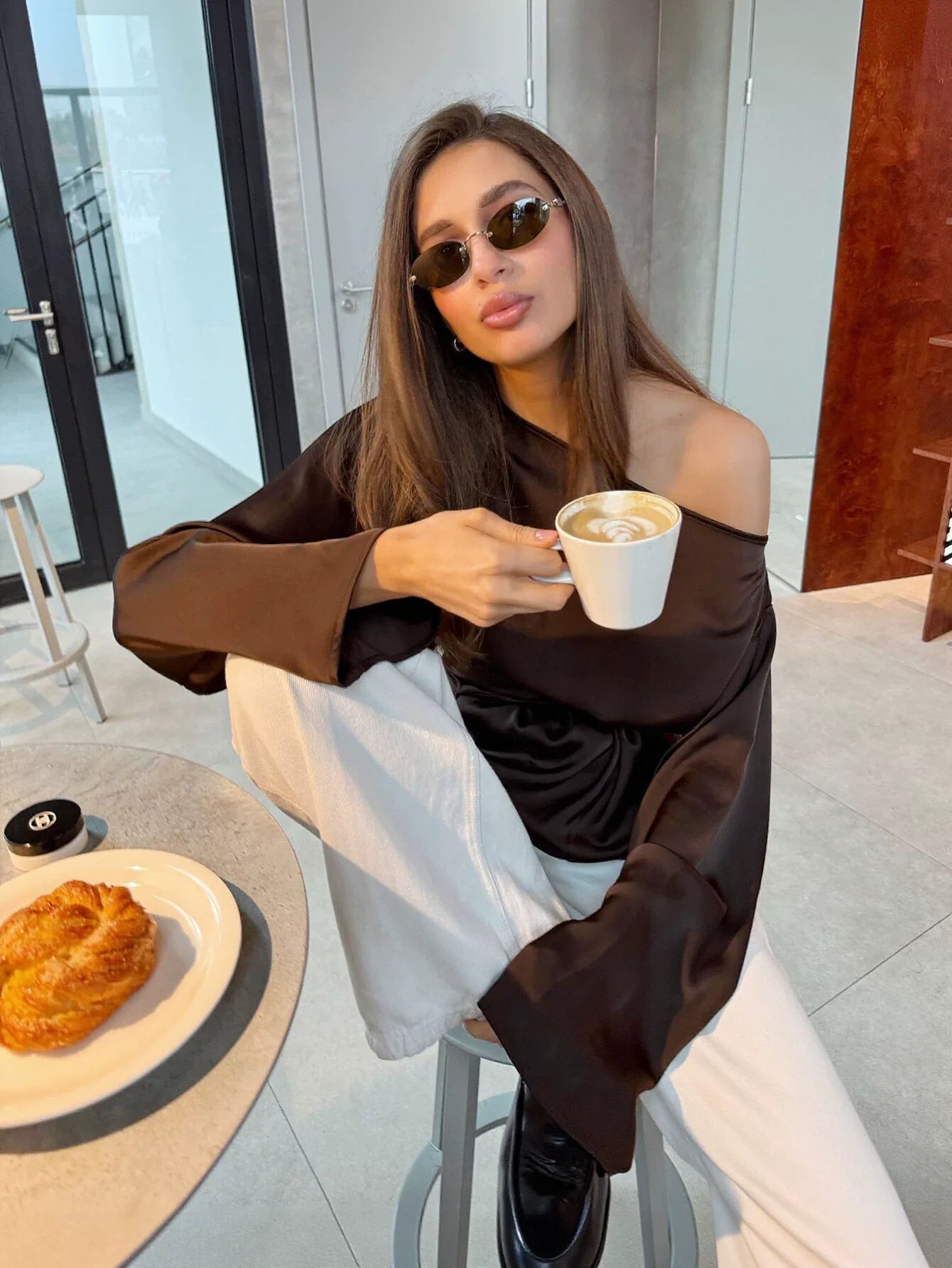 Satin Ruched Waist Long Sleeve Blouse