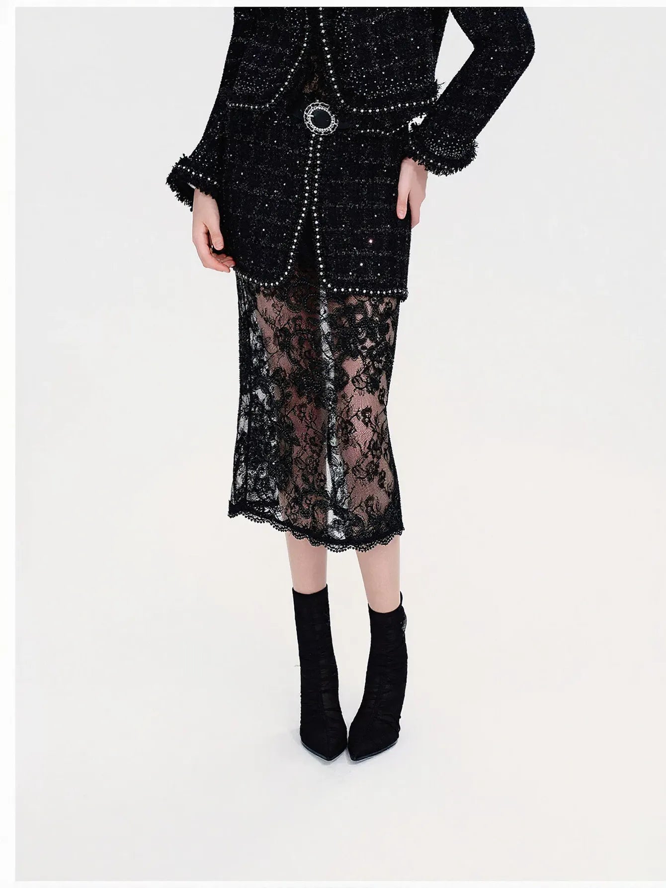 Embellished Tweed Lace Midi Skirt