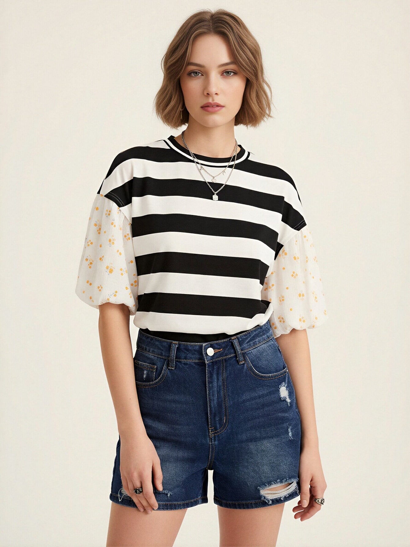 Floral Sleeve Striped Unique T-Shirt