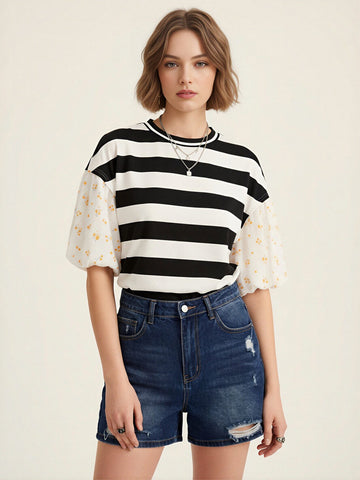 Floral Sleeve Striped Unique T-Shirt