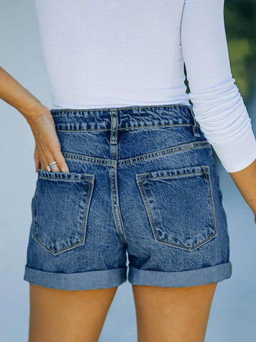 High-Waisted Relaxed Denim Shorts-Blue
