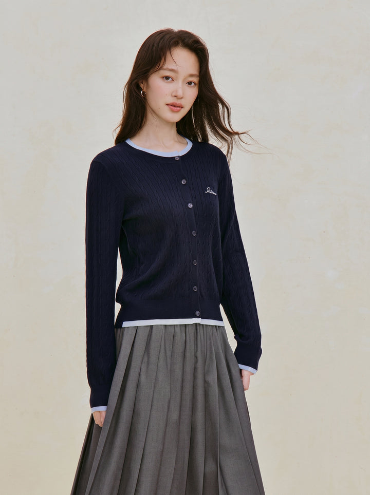 Embroidered Wool Blend Cable Knit Cardigan