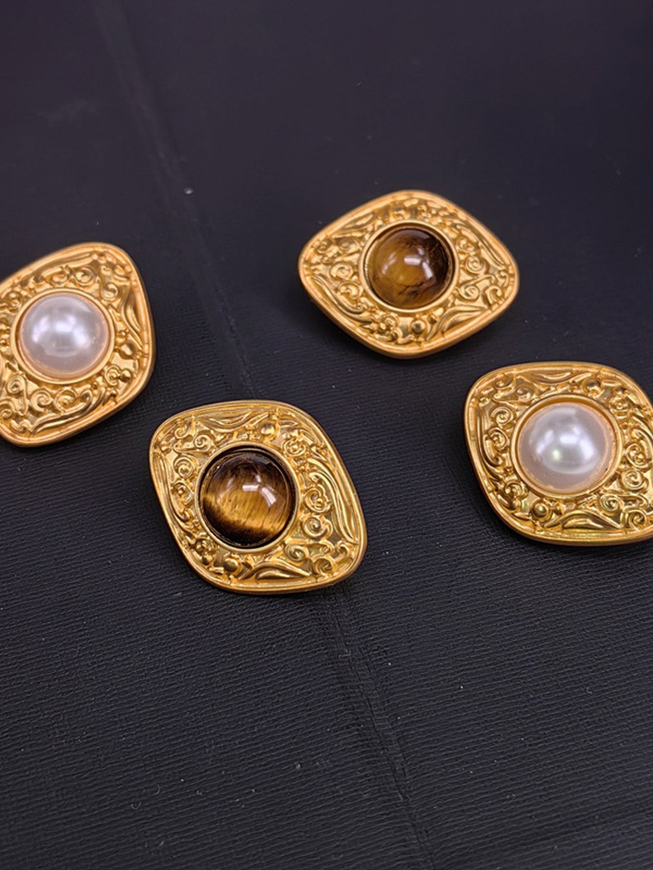 Vintage Gold Pearl Statement Stud Earrings