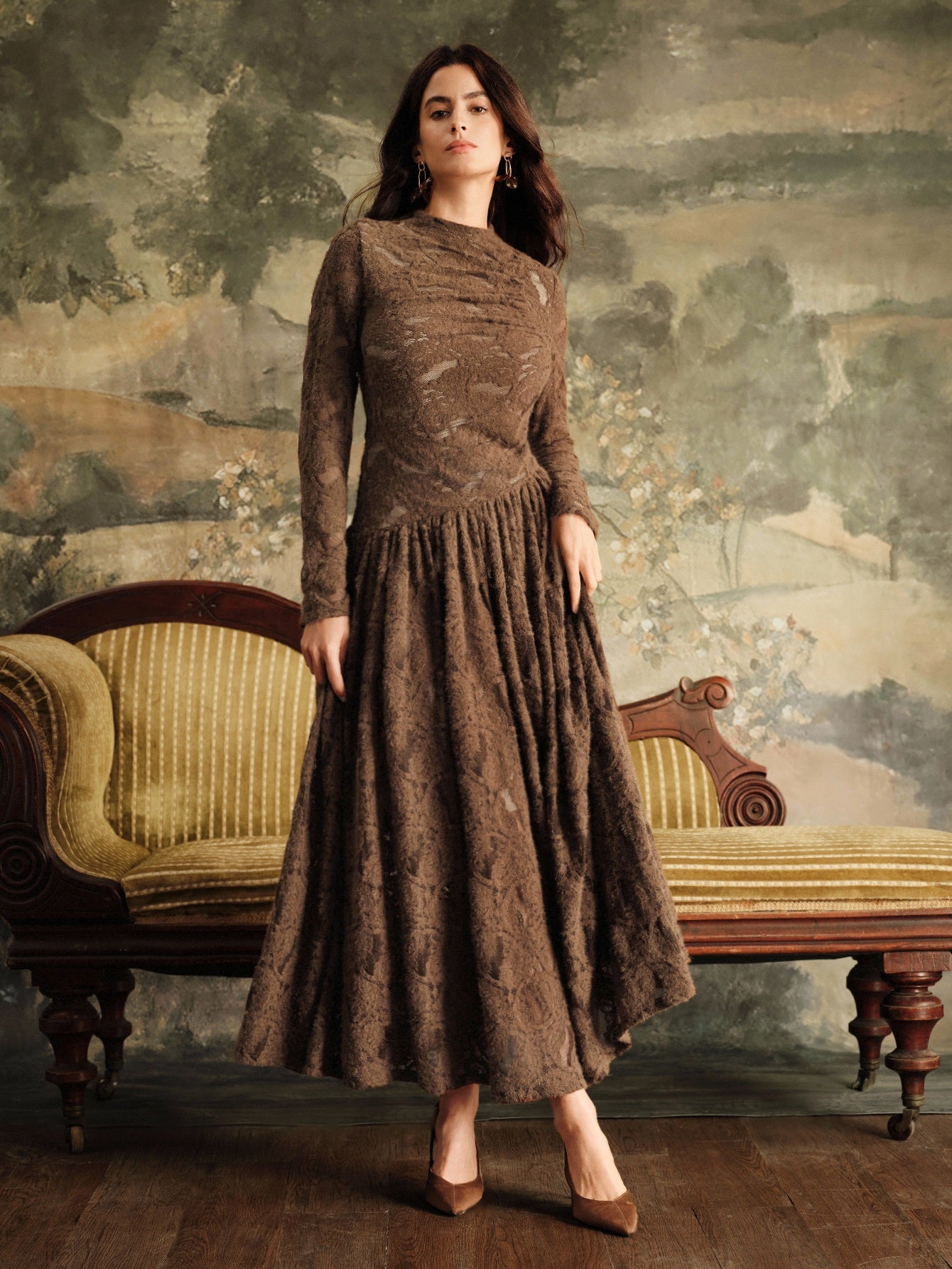 Elegant Textured Long Sleeve Midi Dress