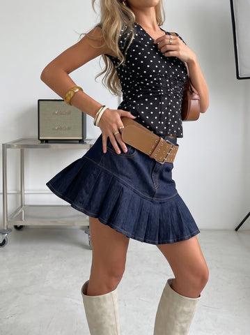 Pleated High Waisted Denim Mini Skirt