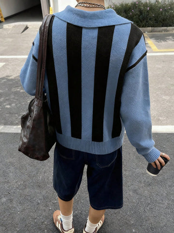 Oversized Sporty Striped Graphic Knit Sweater