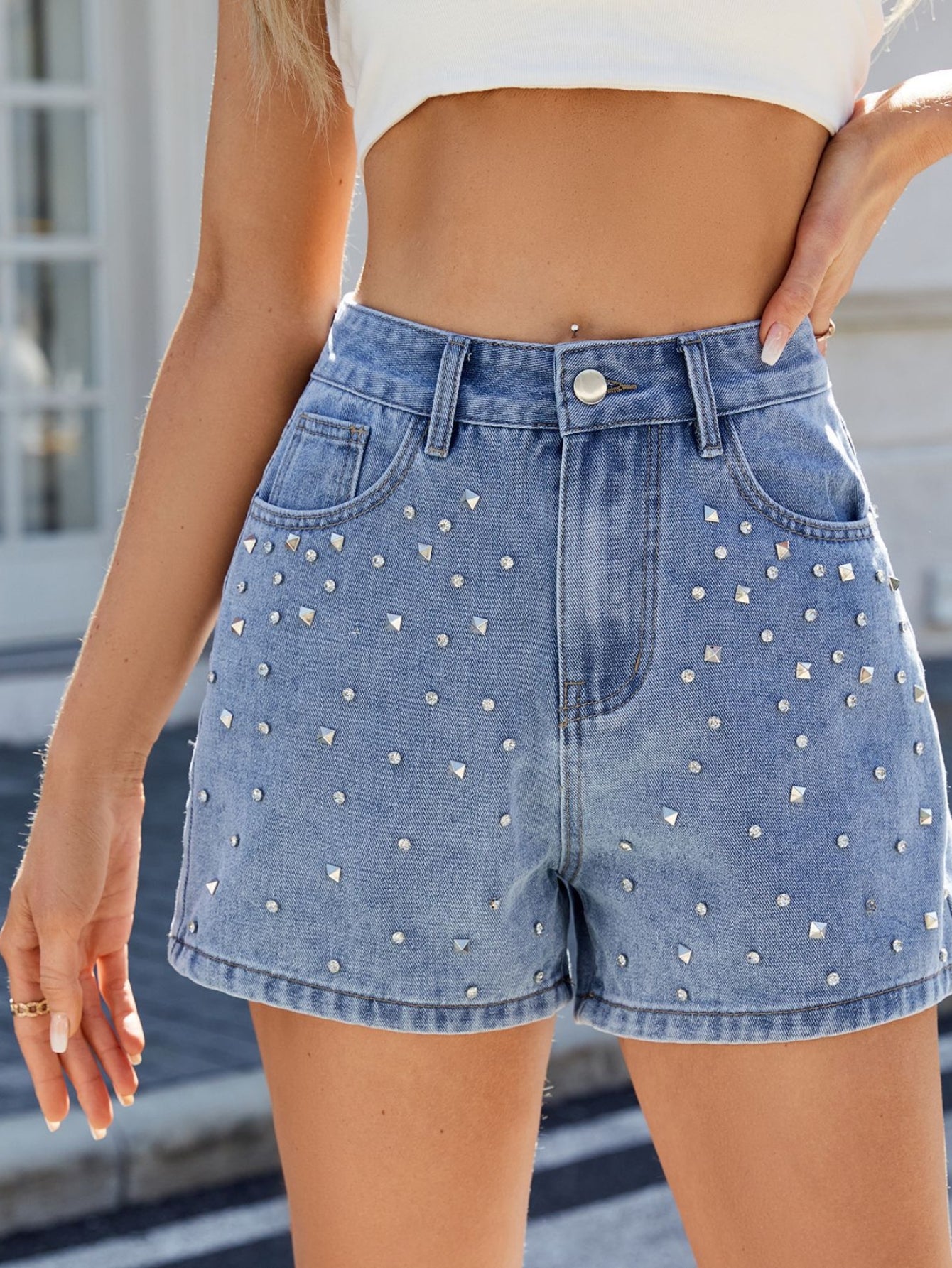 High Rise Studded Denim Shorts