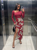 Asymmetric Ruched Slit Tropical Midi Dress