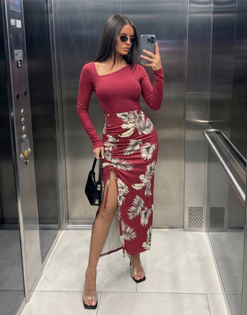 Asymmetric Ruched Slit Tropical Midi Dress