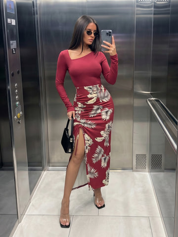 Asymmetric Ruched Slit Tropical Midi Dress