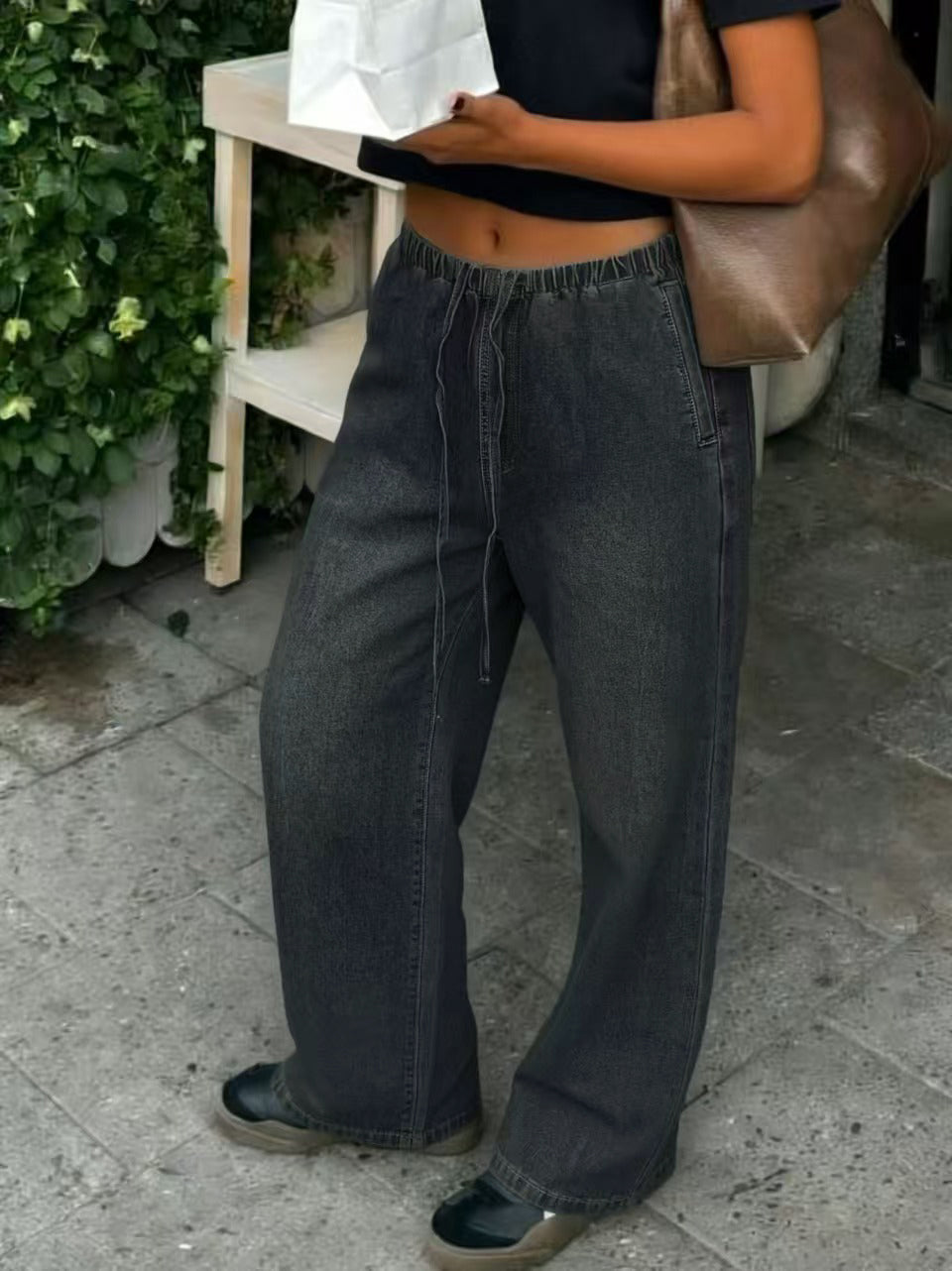 High Waisted Drawstring Wide Leg Jeans
