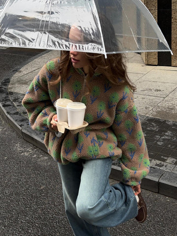 Cozy Floral Quarter Zip Fleece Jacket
