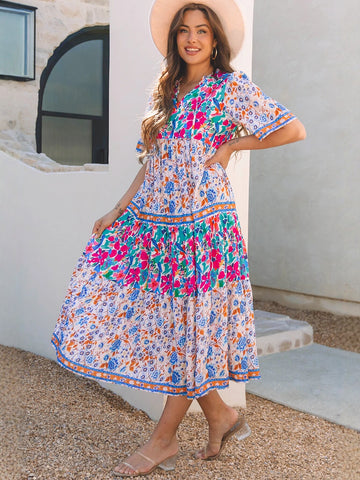 Floral Print V Neck Midi Dress