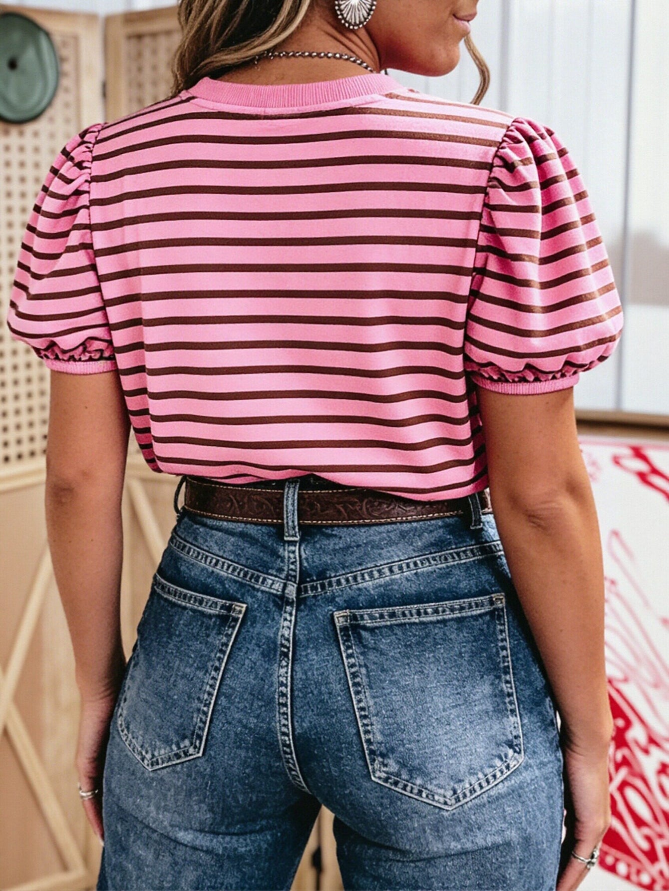 Puff Sleeve Striped Crewneck Tee
