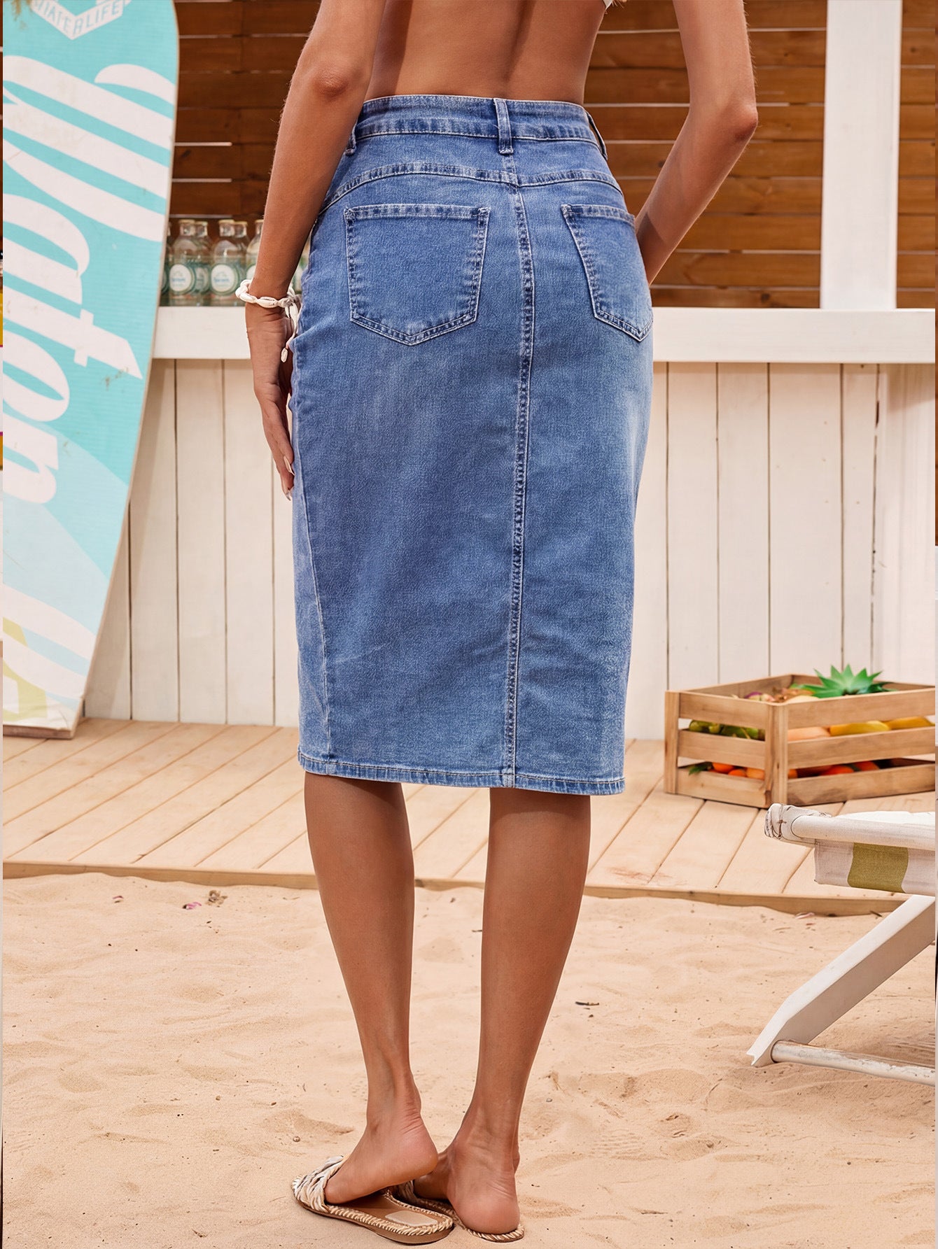 Low Stretch Denim Bodycon Midi Skirt