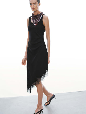 Asymmetric Lace Trim Sleeveless Skinny-Fit Midi Dresses