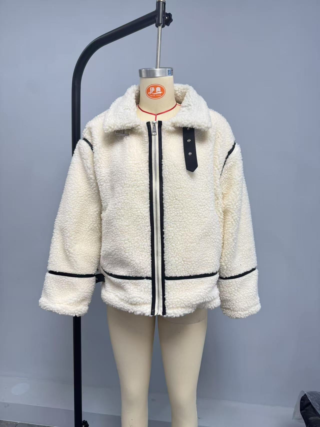 Cozy Faux Leather Trim Fleece Jacket