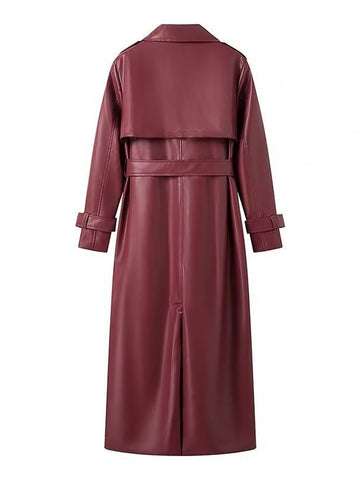 Elegant Belted Faux Leather Trench Coat