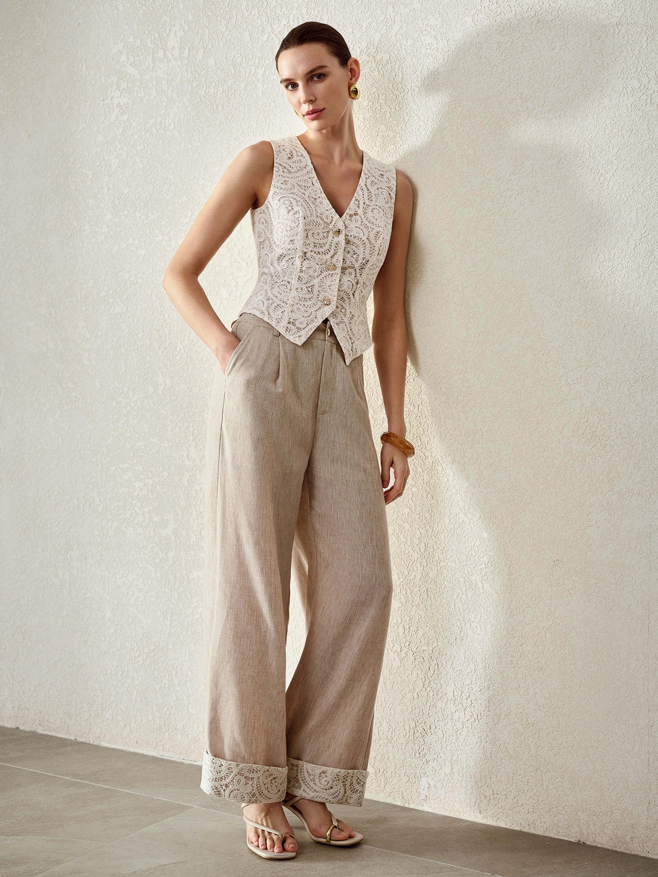 Elegant Lace Vest Wide Leg Pants Set