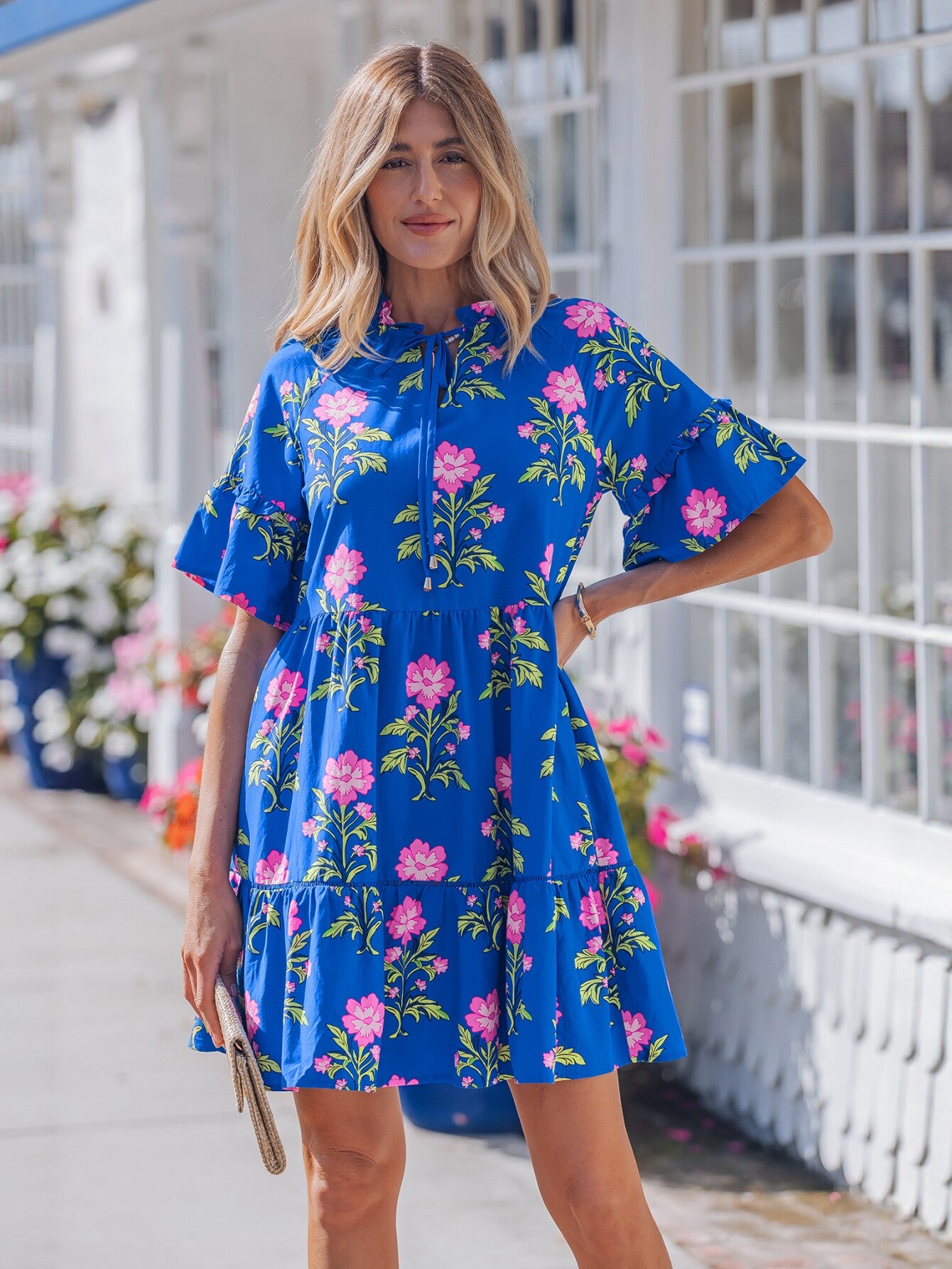 Floral Print Tie Neck Mini Dress