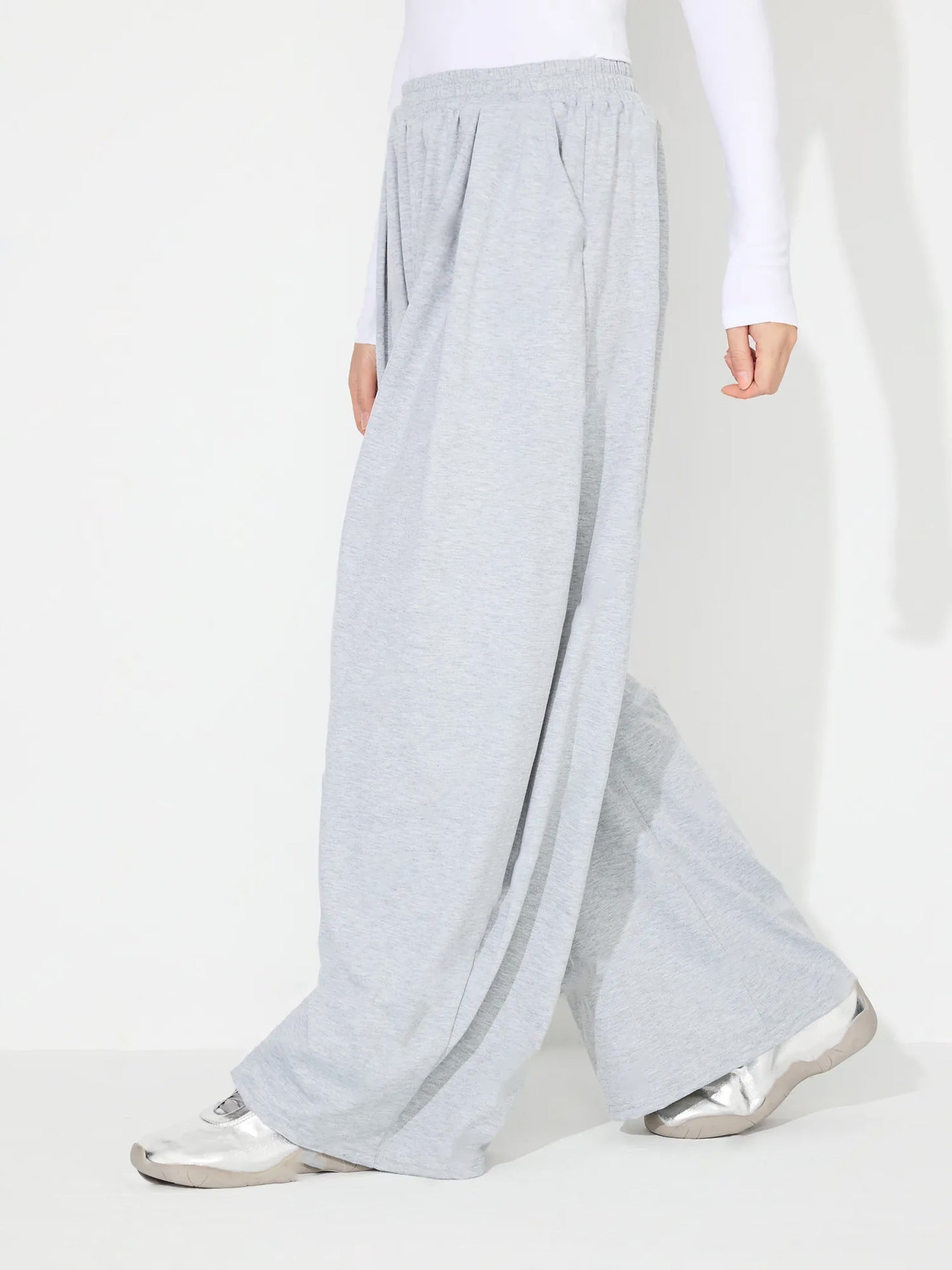 High-Waisted Wide-Leg Draped Casual Pants-Gray