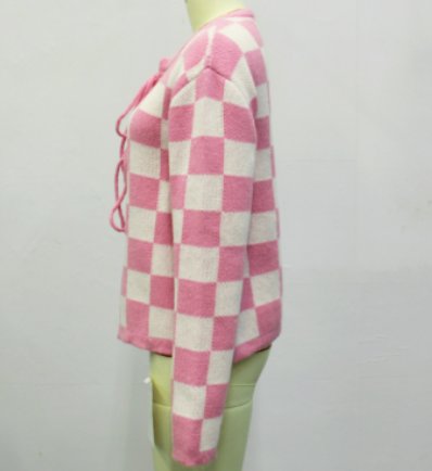 Cute Checkered Tie Front Cardigan