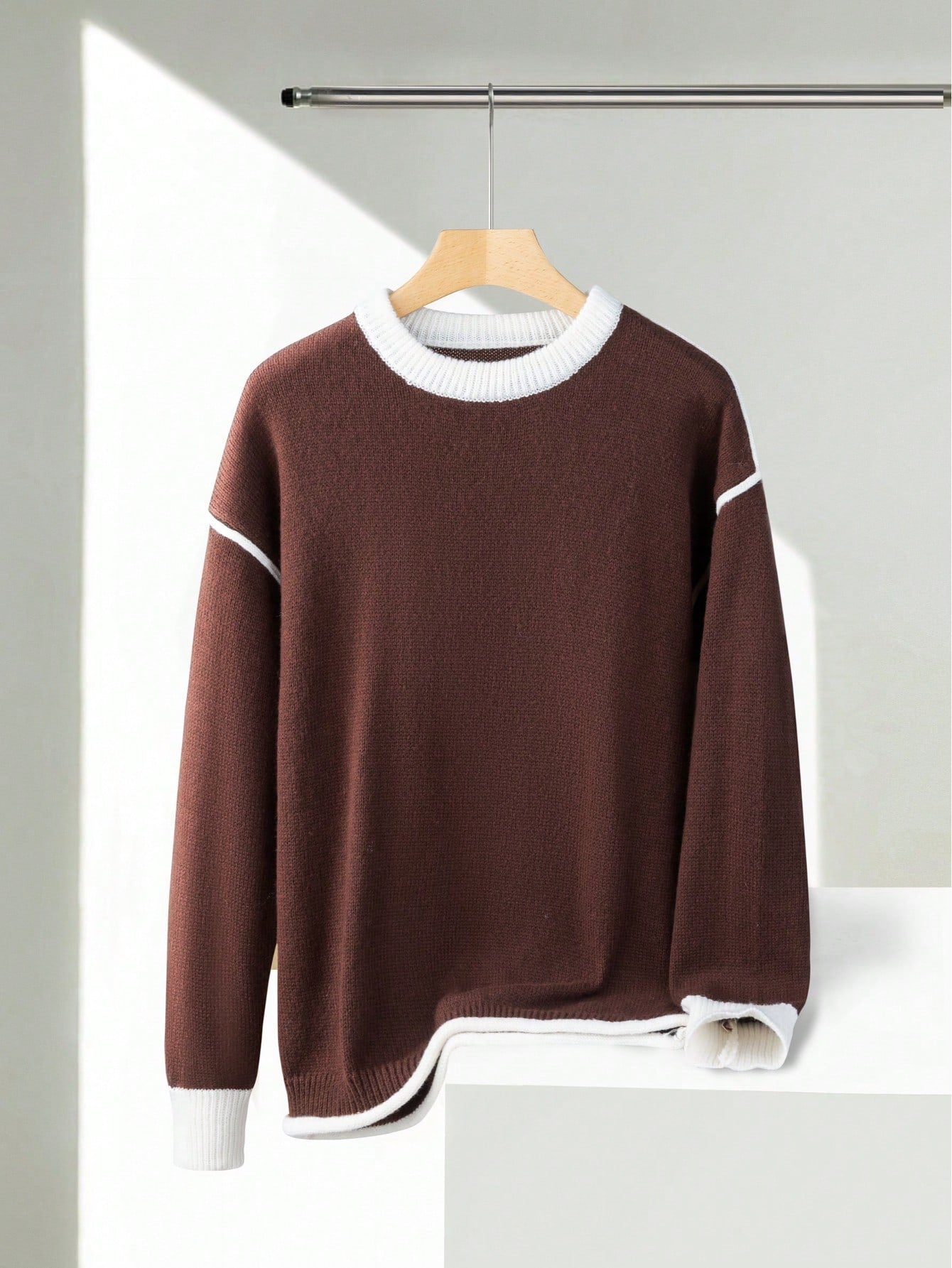 Contrast Trim Crewneck Drop Shoulder Pullover Sweater