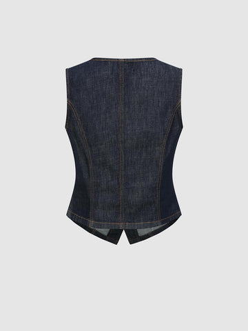 Urban Revivo Seamed Stitch Detail Sleeveless Denim Shirts-Blue