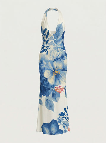 Floral Print Cowl Neck Bodycon Maxi Dress