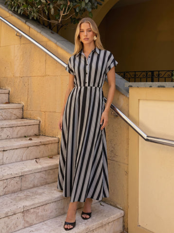 Elegant Striped Button Down Maxi Dress