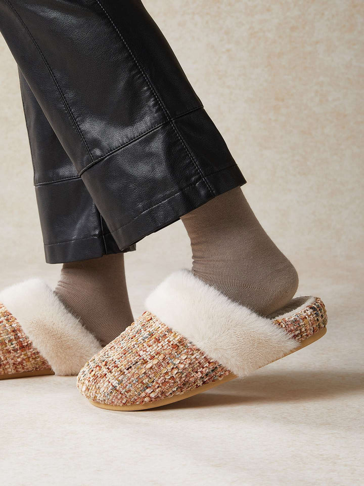 Cozy Faux Fur Tweed House Slippers