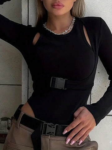 Cutout Buckle Detail Long Sleeve Bodysuit