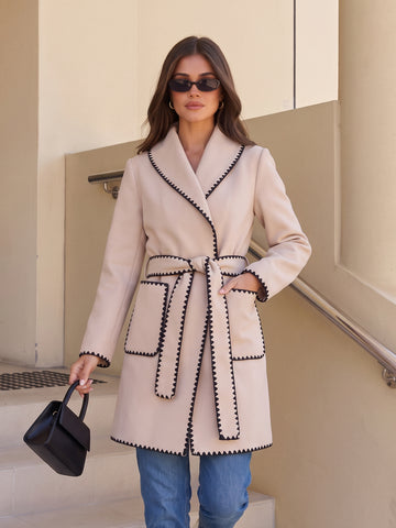 Contrast Trim Belted Wool Coat
