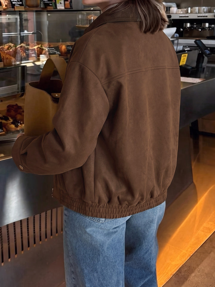Brown Suede Ribbed Collar Jacket