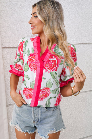 Floral Ruffle Trim Chiffon Blouse