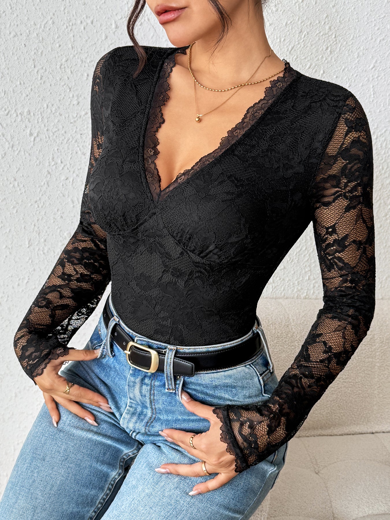 V Neck Sheer Lace Elegant Bodysuit