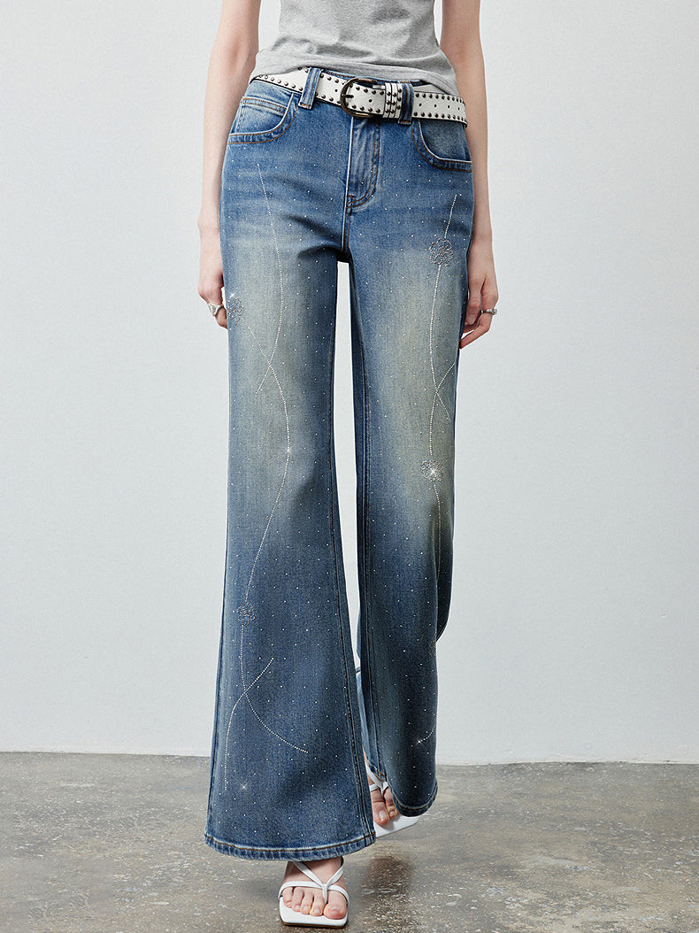 Sparkly Rhinestone Embellished Wide Leg Jeans