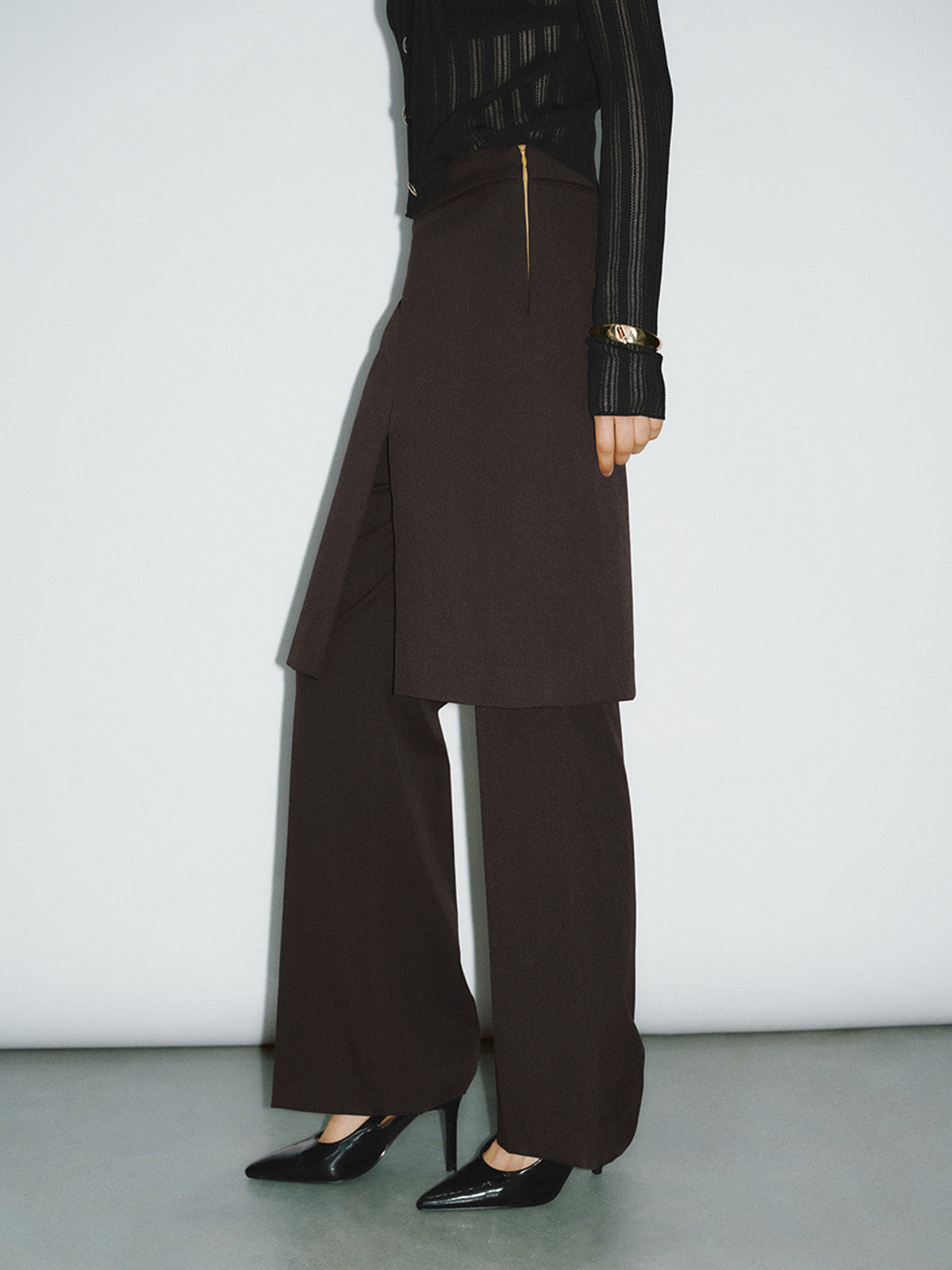 Urban Revivo Skirt Layered Flare Pants-Deep Coffee Brown