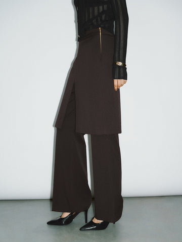 Urban Revivo Skirt Layered Flare Pants-Deep Coffee Brown