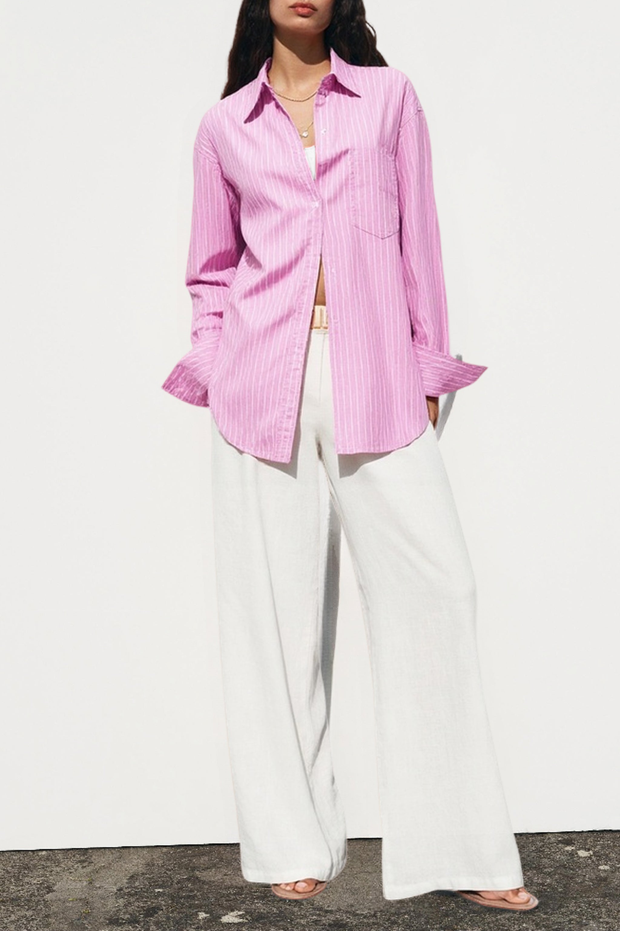 Relaxed Fit Vertical Stripe Longline Oversized Shirt-Pink