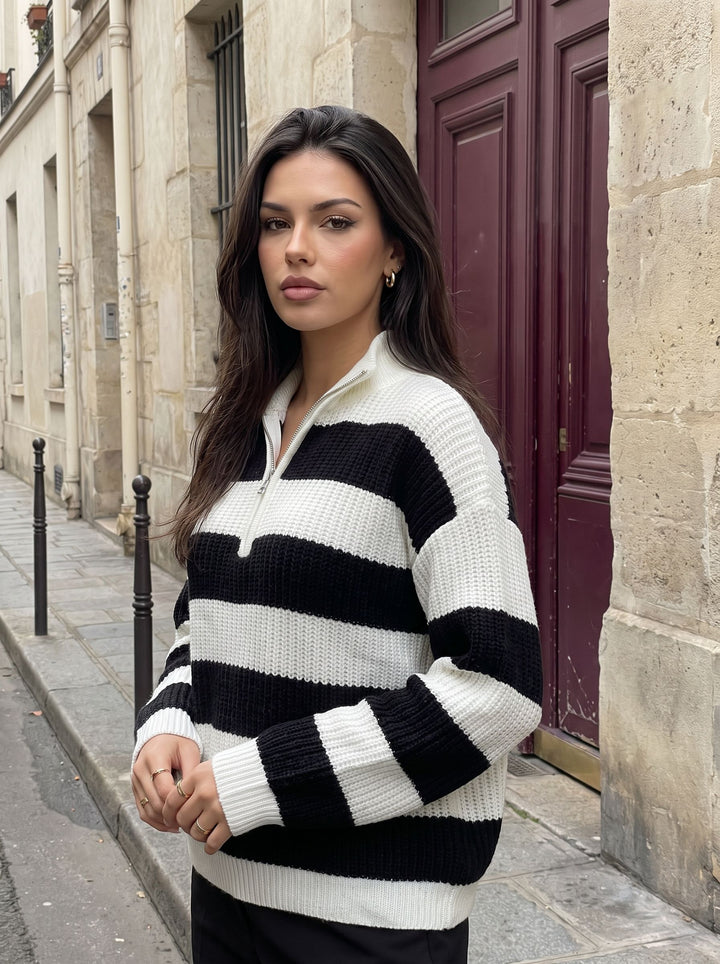 Oversized Striped Quarter Zip Sweater