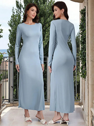 Round Neck Long Sleeve Bodycon Daily Maxi Dress-Blue