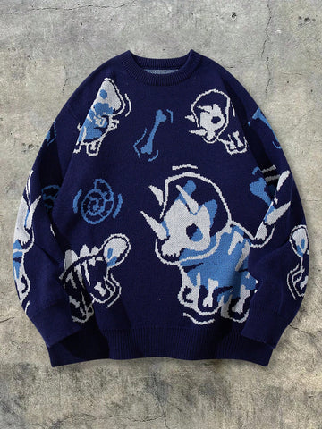 Oversized Graphic Dinosaur Print Knit Sweater