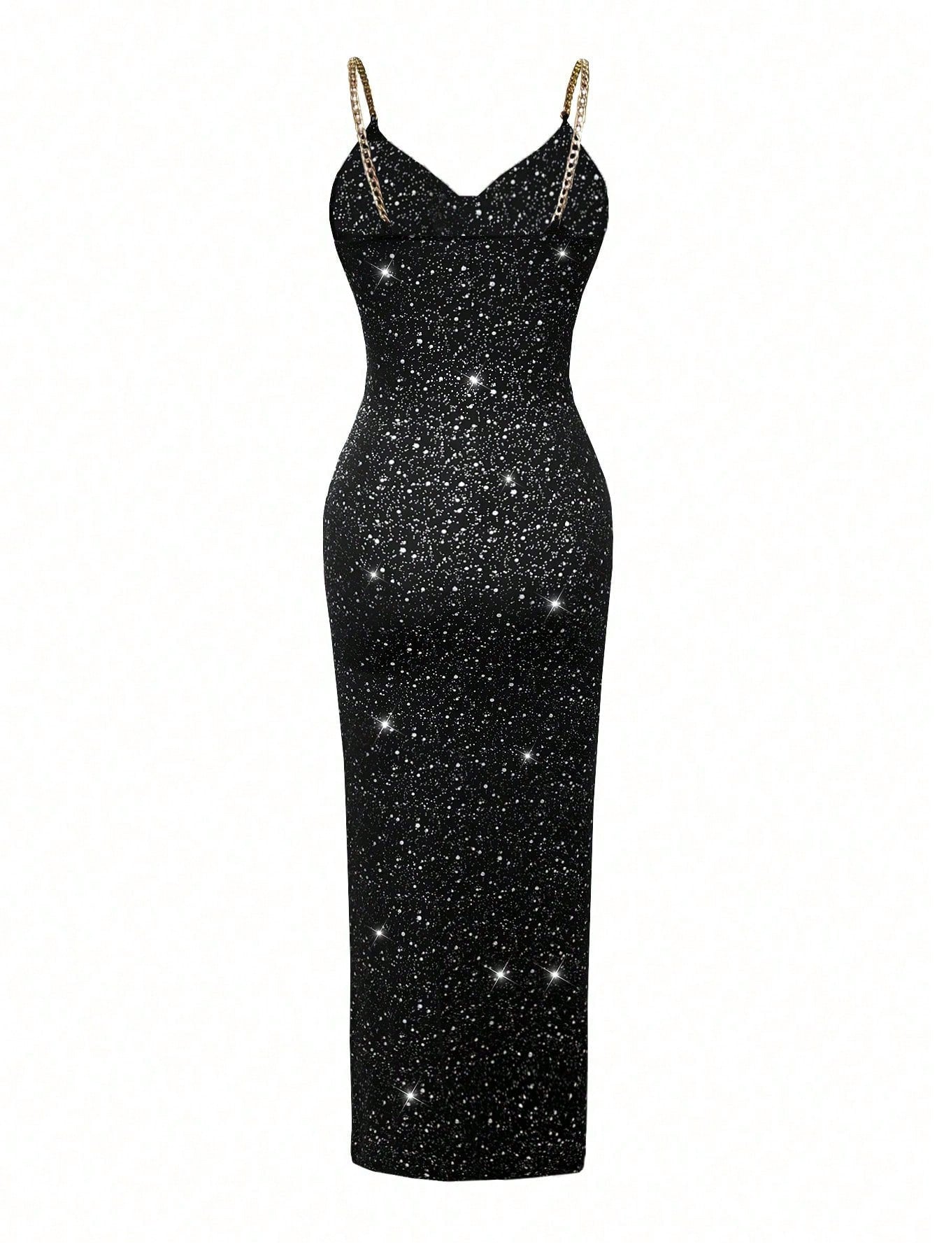 Glittery Cutout Chain Strap Midi Dress